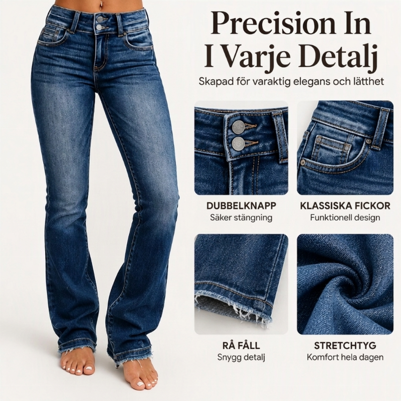 Dubbelknäppta, högmidjade jeans med utstående ben för kvinnor