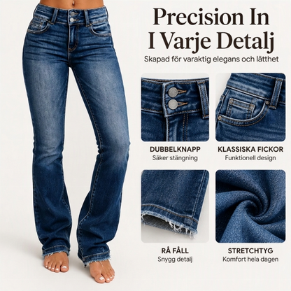 Dubbelknäppta, högmidjade jeans med utstående ben för kvinnor