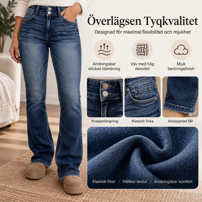 Dubbelknäppta, högmidjade jeans med utstående ben för kvinnor