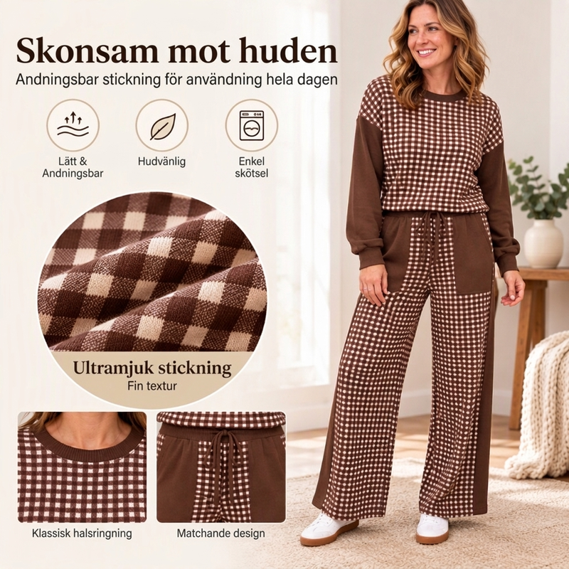 Rutig långärmad topp och vidbyxor för kvinnor