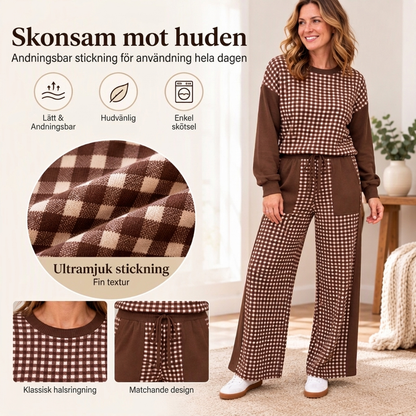 Rutig långärmad topp och vidbyxor för kvinnor