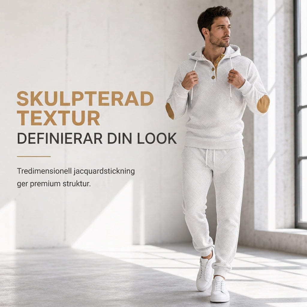 2-delad jacquardträningsset för män, höst- och vintertröja med huva och byxor i fritidstil