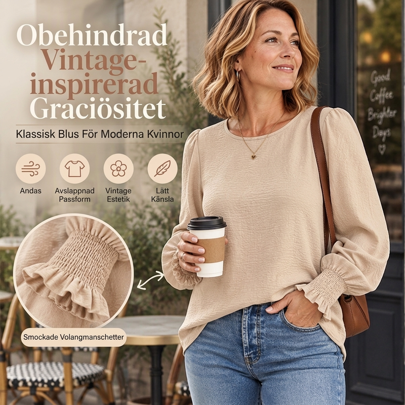 👚 Elegant rundhalsad topp för kvinnor med smockade ärmmuddar – mjuk, bekväm, mångsidig, perfekt för vardag och fest! ✨.