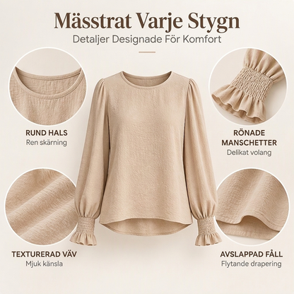 👚 Elegant rundhalsad topp för kvinnor med smockade ärmmuddar – mjuk, bekväm, mångsidig, perfekt för vardag och fest! ✨.