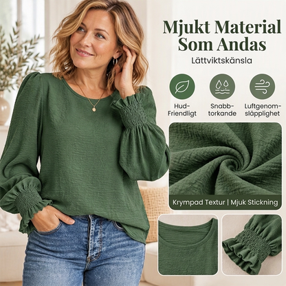 👚 Elegant rundhalsad topp för kvinnor med smockade ärmmuddar – mjuk, bekväm, mångsidig, perfekt för vardag och fest! ✨.