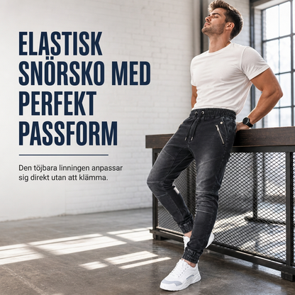 Herrkasuella tvättade denimjoggerbyxor med ärmudd