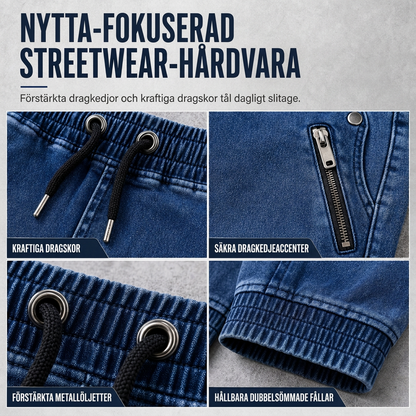 Herrkasuella tvättade denimjoggerbyxor med ärmudd