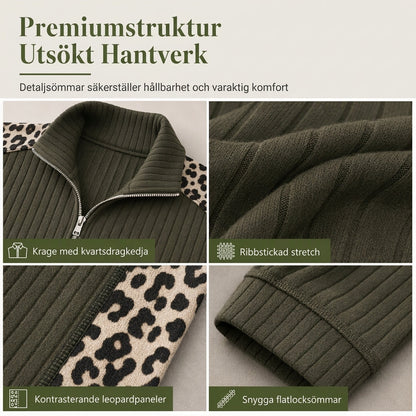 Tvadelad vardagsrumsset i stickat tyg med skärhals och vida byxor för kvinnor, med paneler i leopardmönster