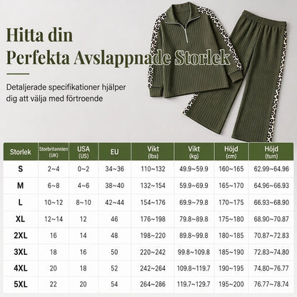 Tvadelad vardagsrumsset i stickat tyg med skärhals och vida byxor för kvinnor, med paneler i leopardmönster