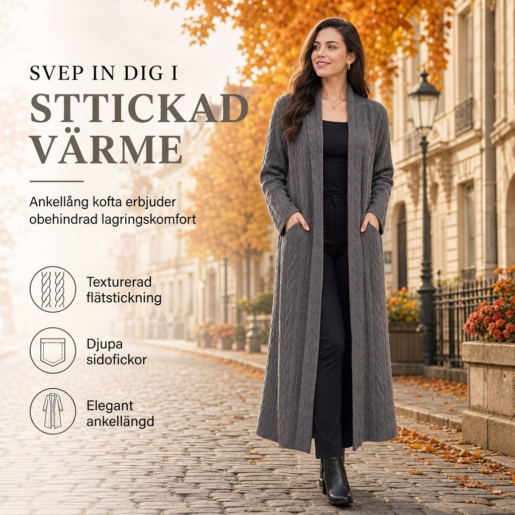 💰 Halva priset! 🧶 Lång kabelstickad tröja för dam med sjalkrage och fickor – varm, elegant, perfekt för höst och vinter. ✨