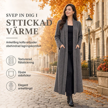 💰 Halva priset! 🧶 Lång kabelstickad tröja för dam med sjalkrage och fickor – varm, elegant, perfekt för höst och vinter. ✨