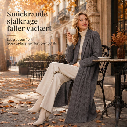 💰 Halva priset! 🧶 Lång kabelstickad tröja för dam med sjalkrage och fickor – varm, elegant, perfekt för höst och vinter. ✨