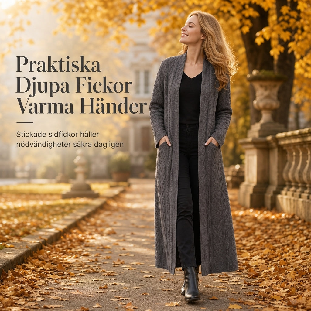 💰 Halva priset! 🧶 Lång kabelstickad tröja för dam med sjalkrage och fickor – varm, elegant, perfekt för höst och vinter. ✨