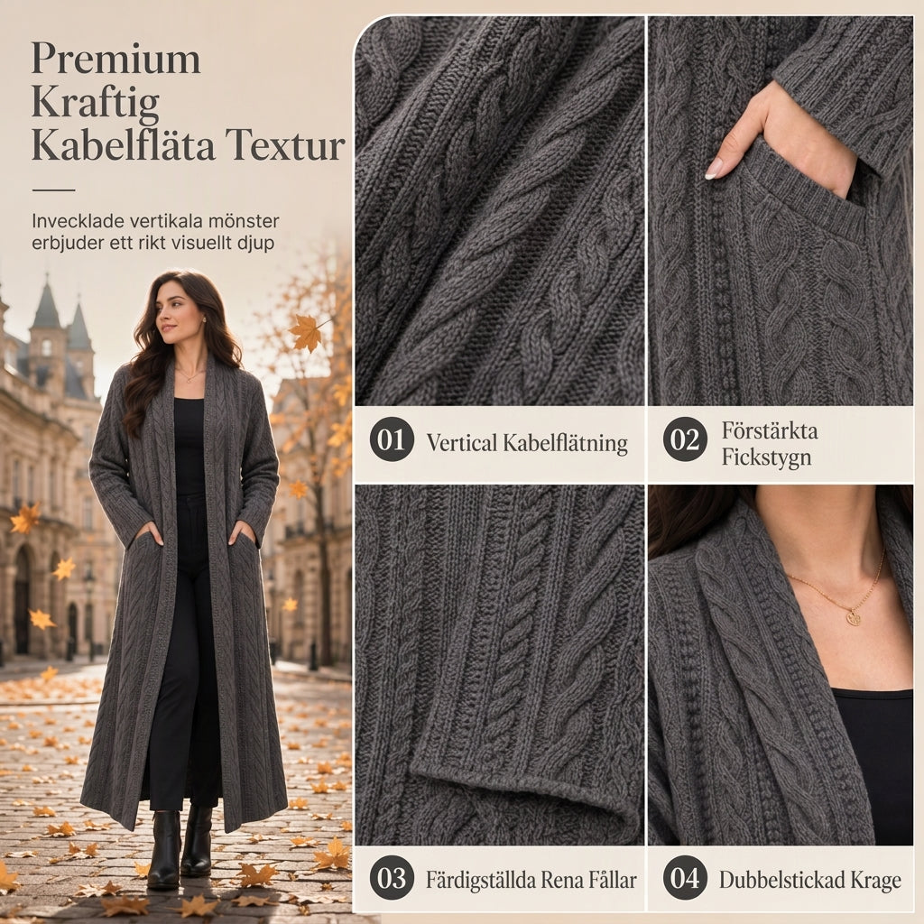 💰 Halva priset! 🧶 Lång kabelstickad tröja för dam med sjalkrage och fickor – varm, elegant, perfekt för höst och vinter. ✨