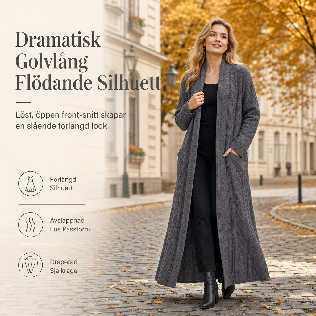 💰 Halva priset! 🧶 Lång kabelstickad tröja för dam med sjalkrage och fickor – varm, elegant, perfekt för höst och vinter. ✨
