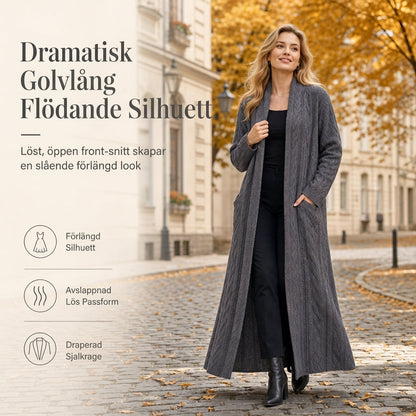 💰 Halva priset! 🧶 Lång kabelstickad tröja för dam med sjalkrage och fickor – varm, elegant, perfekt för höst och vinter. ✨