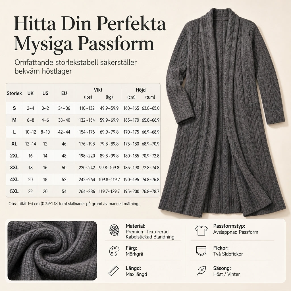 💰 Halva priset! 🧶 Lång kabelstickad tröja för dam med sjalkrage och fickor – varm, elegant, perfekt för höst och vinter. ✨