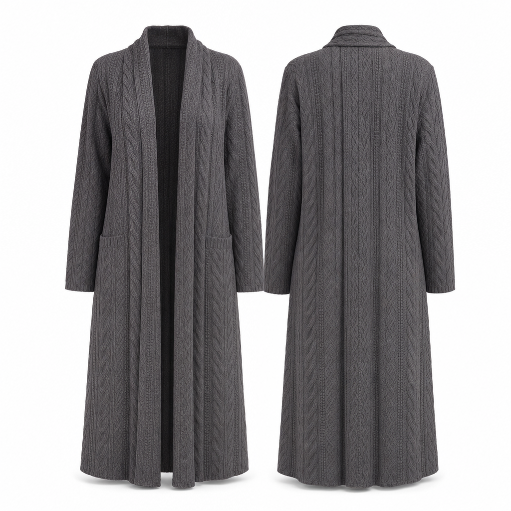 💰 Halva priset! 🧶 Lång kabelstickad tröja för dam med sjalkrage och fickor – varm, elegant, perfekt för höst och vinter. ✨