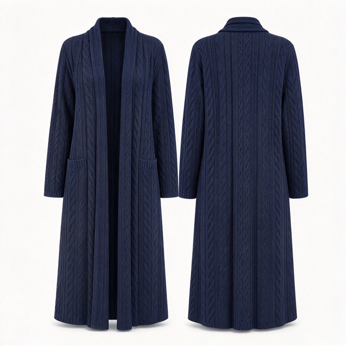 💰 Halva priset! 🧶 Lång kabelstickad tröja för dam med sjalkrage och fickor – varm, elegant, perfekt för höst och vinter. ✨