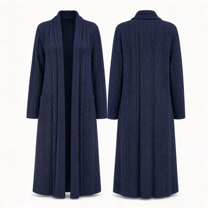 💰 Halva priset! 🧶 Lång kabelstickad tröja för dam med sjalkrage och fickor – varm, elegant, perfekt för höst och vinter. ✨