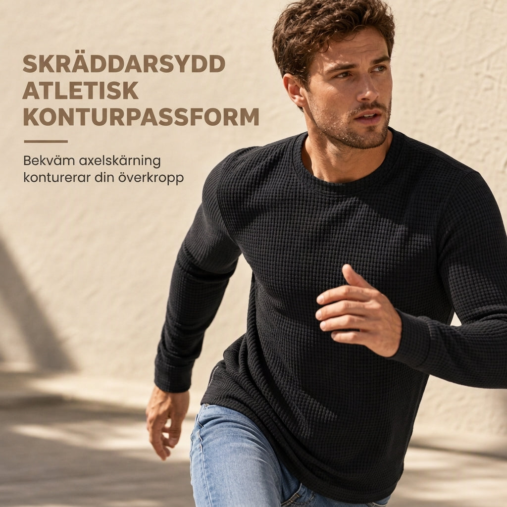 🧶 Waffelstickad tröja för män med rund hals och långa ärmar – lätt, andas, smal passform, perfekt för vardag och höst! ✨