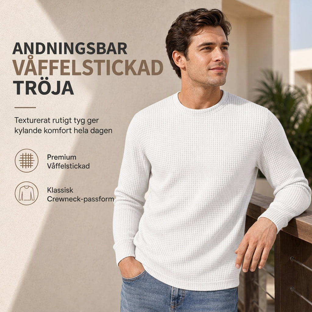 🧶 Waffelstickad tröja för män med rund hals och långa ärmar – lätt, andas, smal passform, perfekt för vardag och höst! ✨