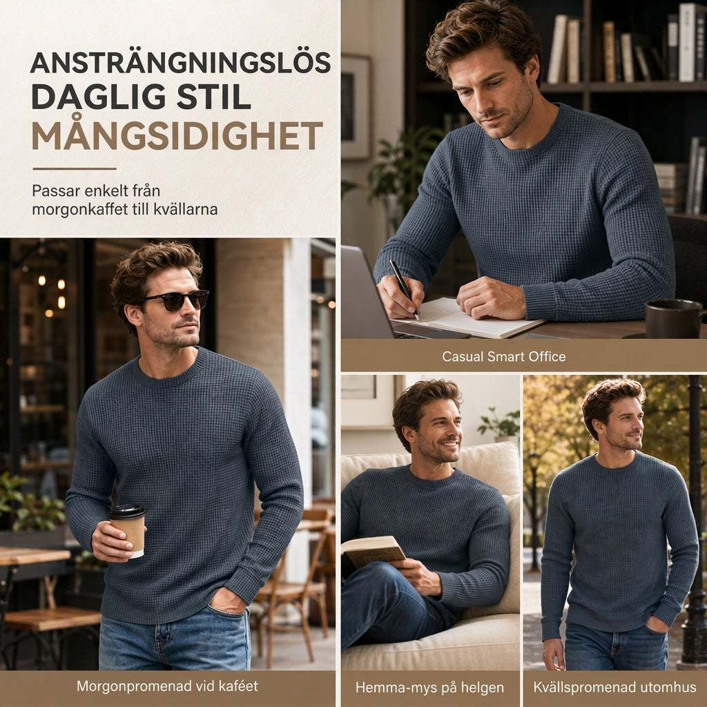 🧶 Waffelstickad tröja för män med rund hals och långa ärmar – lätt, andas, smal passform, perfekt för vardag och höst! ✨