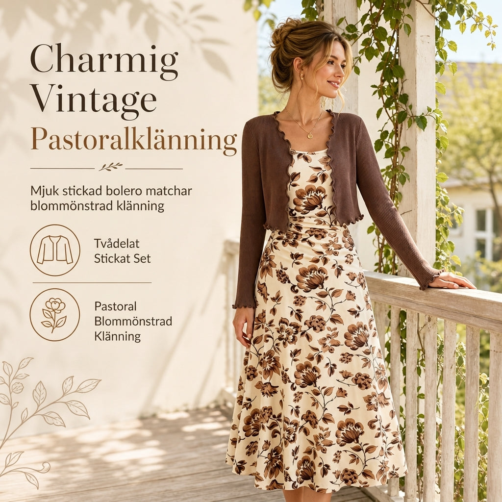 Kvinnors 2-delade set med vintage blommig kjol och kort ribbstickad kofta