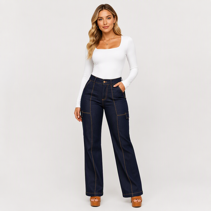 ✨ Dammjeans med hög midja 👖 med kontrasterande sömmar och vida ben, trendiga och smickrande till alla stilar ✨