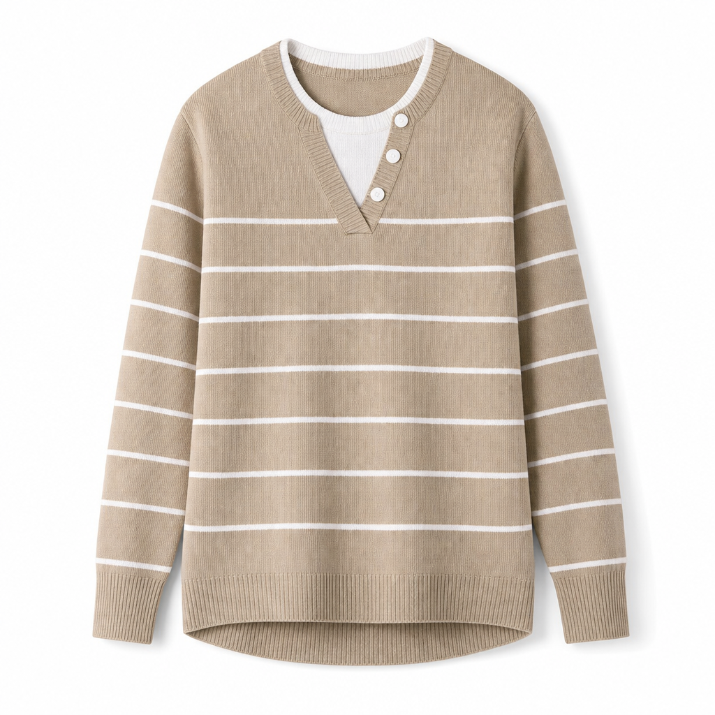 👚 Casual mock two-piece V-ringad stickad tröja med knappdetaljer – mjuk, bekväm och mångsidig, perfekt för vardag och höst! ✨