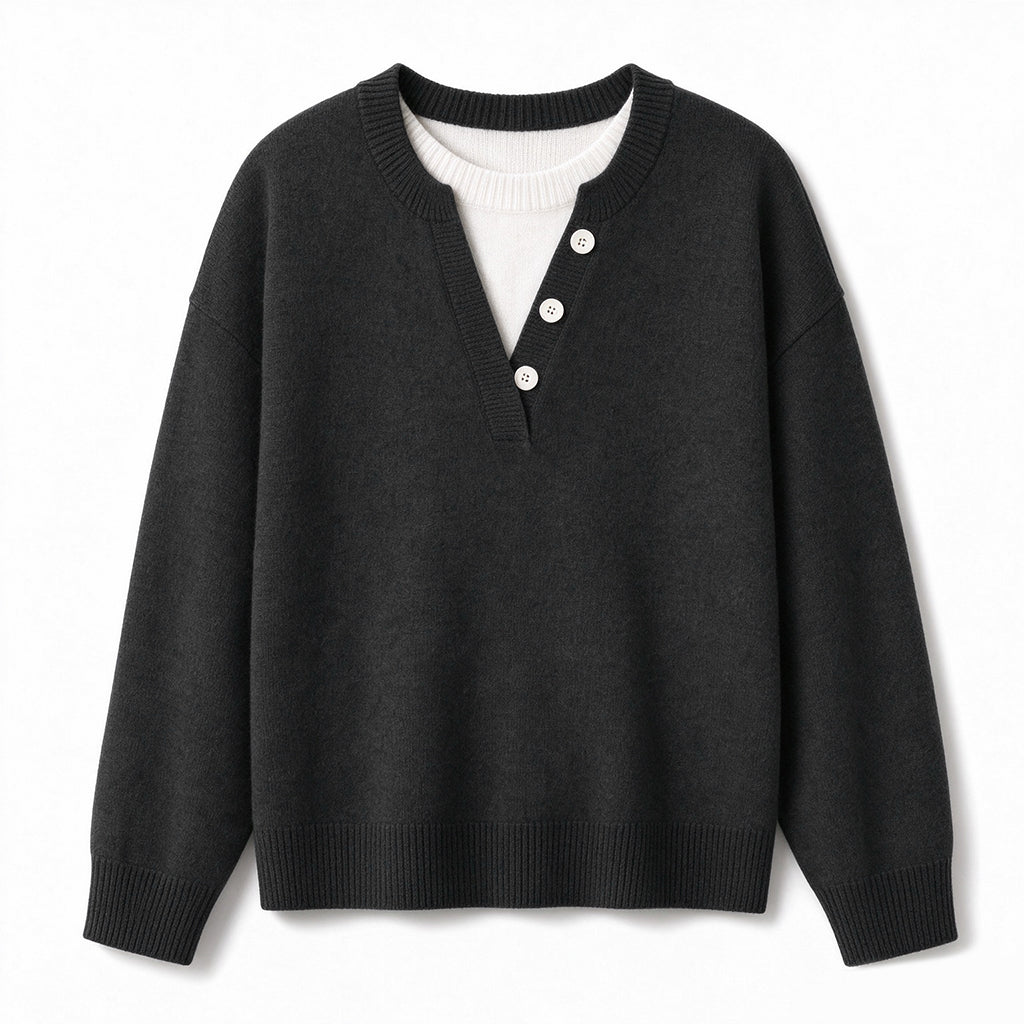 👚 Casual mock two-piece V-ringad stickad tröja med knappdetaljer – mjuk, bekväm och mångsidig, perfekt för vardag och höst! ✨