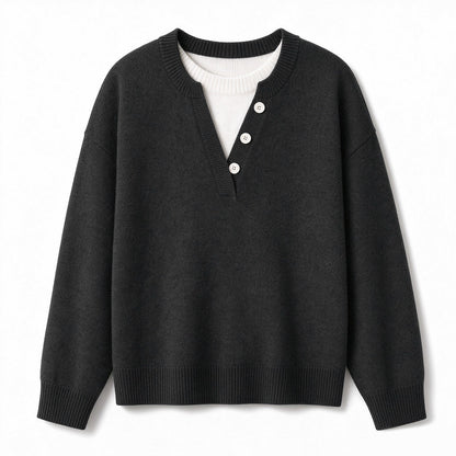 👚 Casual mock two-piece V-ringad stickad tröja med knappdetaljer – mjuk, bekväm och mångsidig, perfekt för vardag och höst! ✨