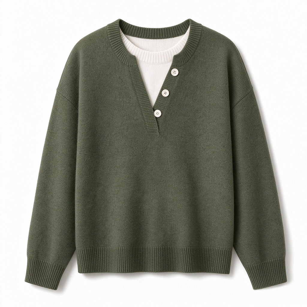 👚 Casual mock two-piece V-ringad stickad tröja med knappdetaljer – mjuk, bekväm och mångsidig, perfekt för vardag och höst! ✨