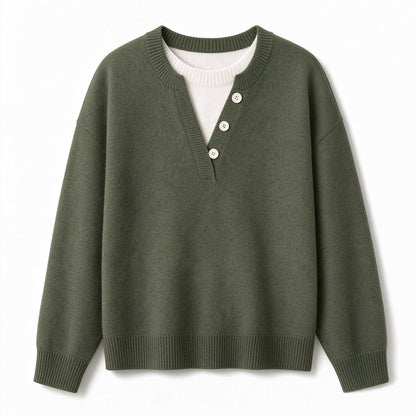 👚 Casual mock two-piece V-ringad stickad tröja med knappdetaljer – mjuk, bekväm och mångsidig, perfekt för vardag och höst! ✨