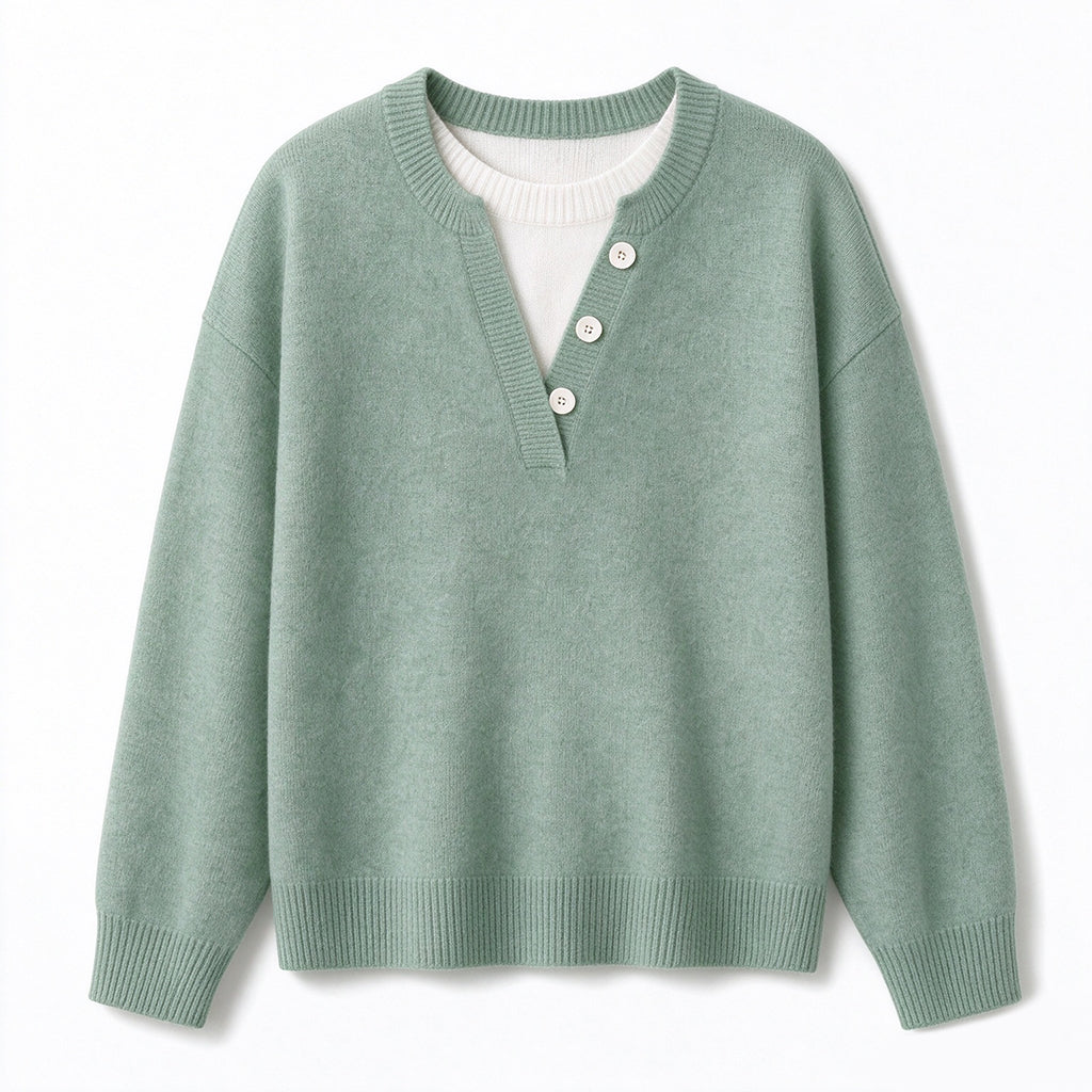 👚 Casual mock two-piece V-ringad stickad tröja med knappdetaljer – mjuk, bekväm och mångsidig, perfekt för vardag och höst! ✨
