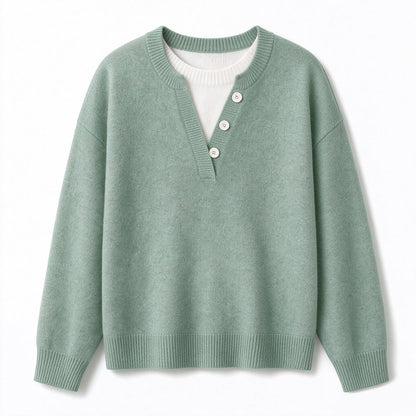 👚 Casual mock two-piece V-ringad stickad tröja med knappdetaljer – mjuk, bekväm och mångsidig, perfekt för vardag och höst! ✨