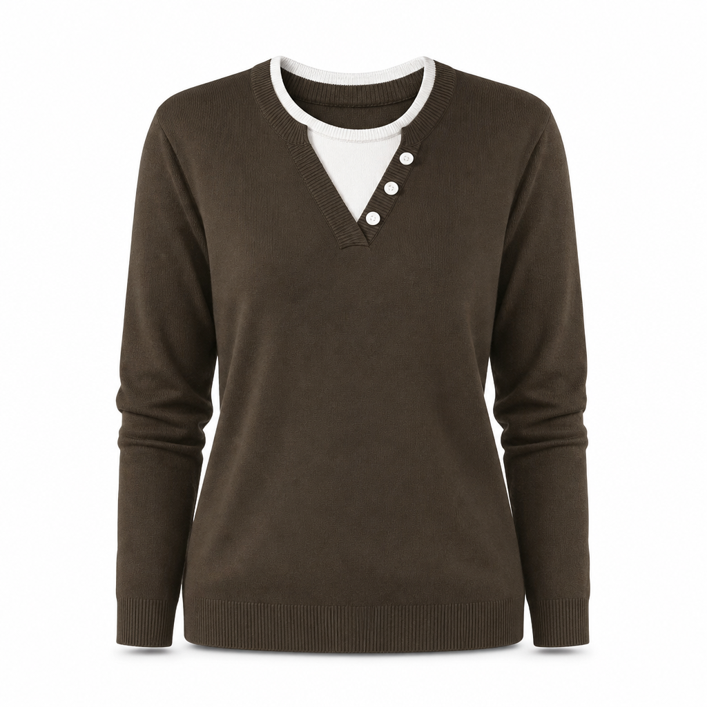 👚 Casual mock two-piece V-ringad stickad tröja med knappdetaljer – mjuk, bekväm och mångsidig, perfekt för vardag och höst! ✨