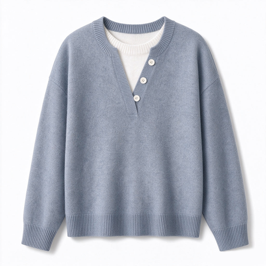 👚 Casual mock two-piece V-ringad stickad tröja med knappdetaljer – mjuk, bekväm och mångsidig, perfekt för vardag och höst! ✨