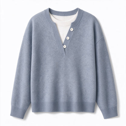 👚 Casual mock two-piece V-ringad stickad tröja med knappdetaljer – mjuk, bekväm och mångsidig, perfekt för vardag och höst! ✨