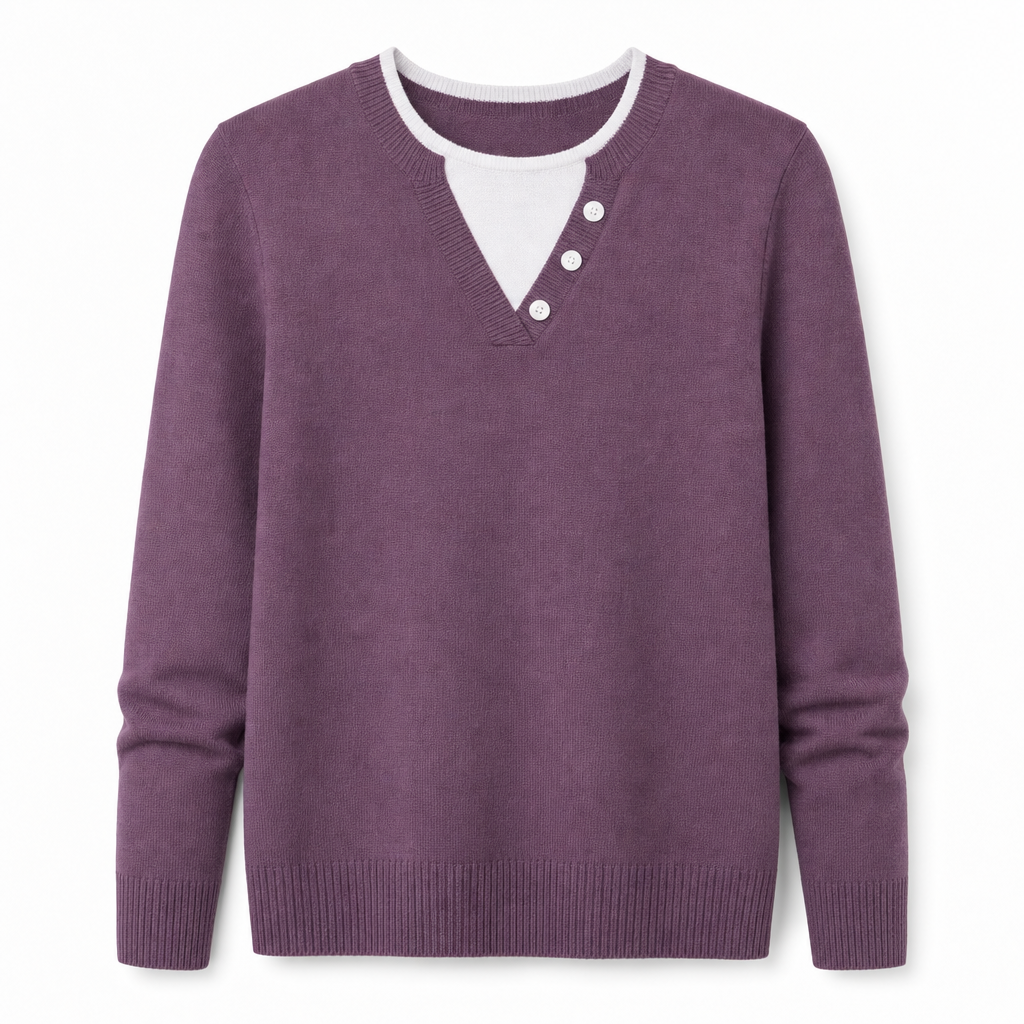 👚 Casual mock two-piece V-ringad stickad tröja med knappdetaljer – mjuk, bekväm och mångsidig, perfekt för vardag och höst! ✨