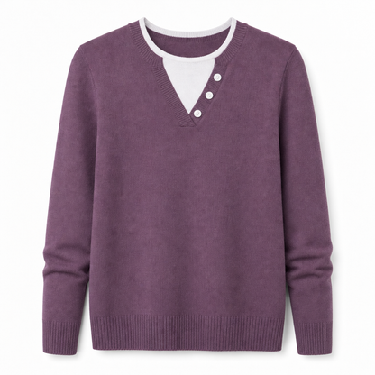 👚 Casual mock two-piece V-ringad stickad tröja med knappdetaljer – mjuk, bekväm och mångsidig, perfekt för vardag och höst! ✨