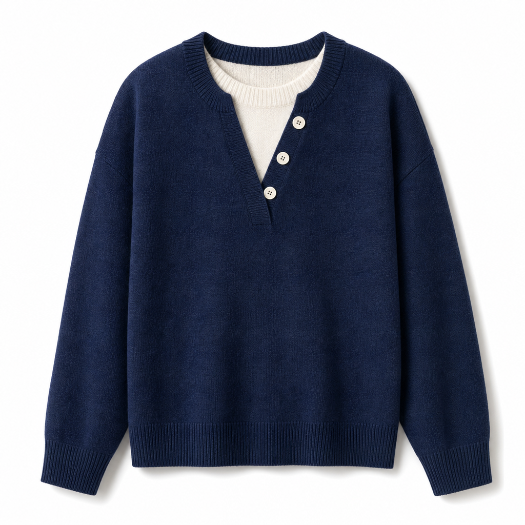 👚 Casual mock two-piece V-ringad stickad tröja med knappdetaljer – mjuk, bekväm och mångsidig, perfekt för vardag och höst! ✨