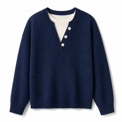 👚 Casual mock two-piece V-ringad stickad tröja med knappdetaljer – mjuk, bekväm och mångsidig, perfekt för vardag och höst! ✨