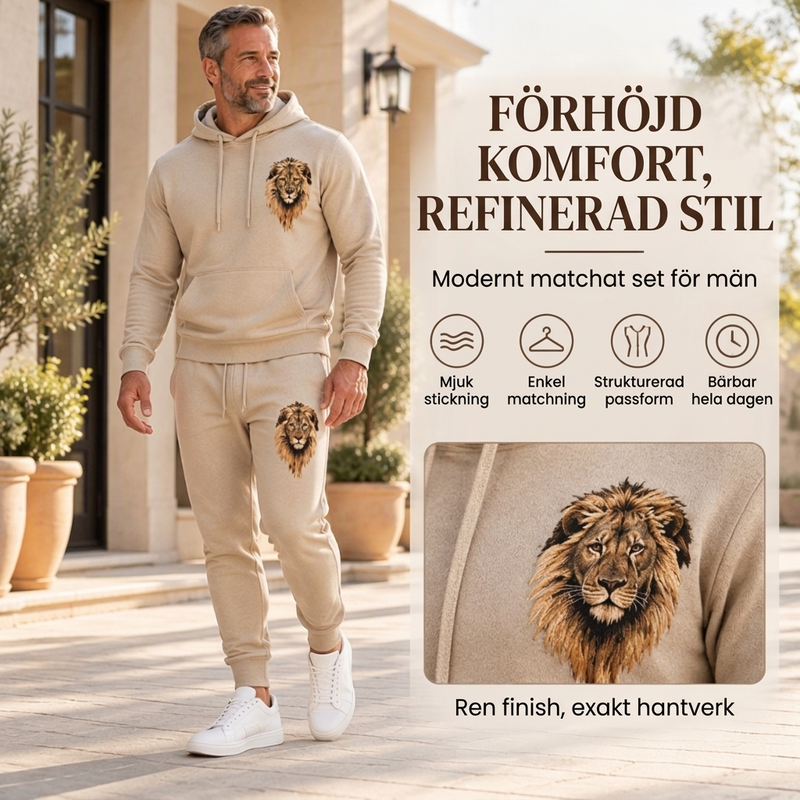 Set med hoodie och joggingbyxor för män med lejonmotiv