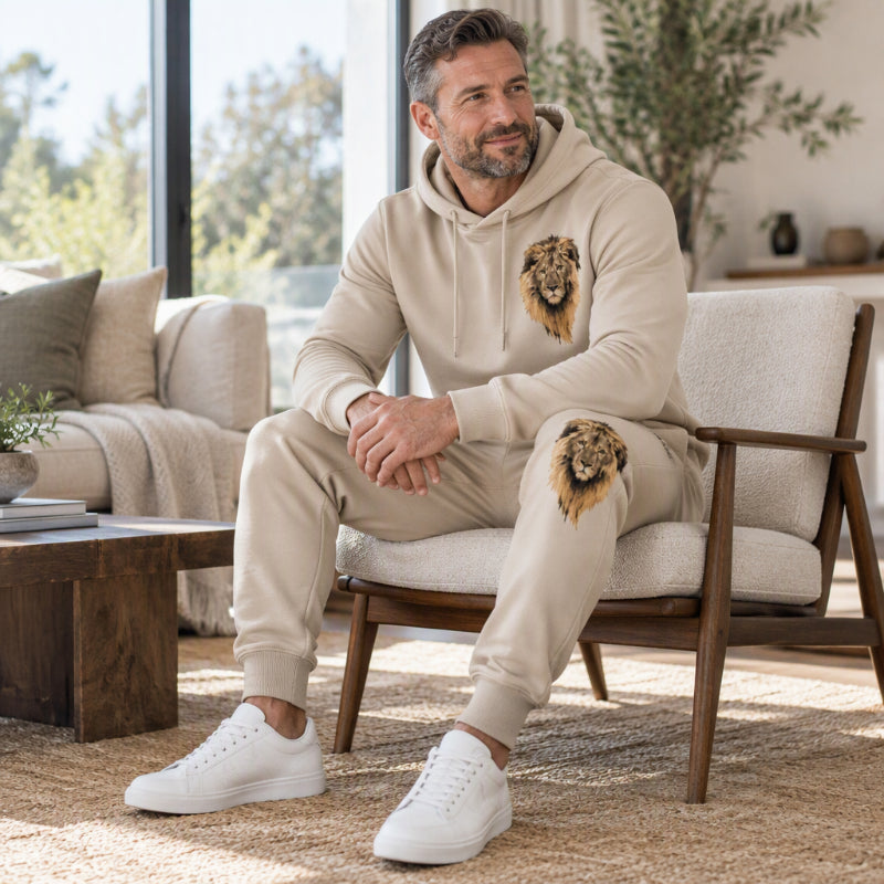 Set med hoodie och joggingbyxor för män med lejonmotiv