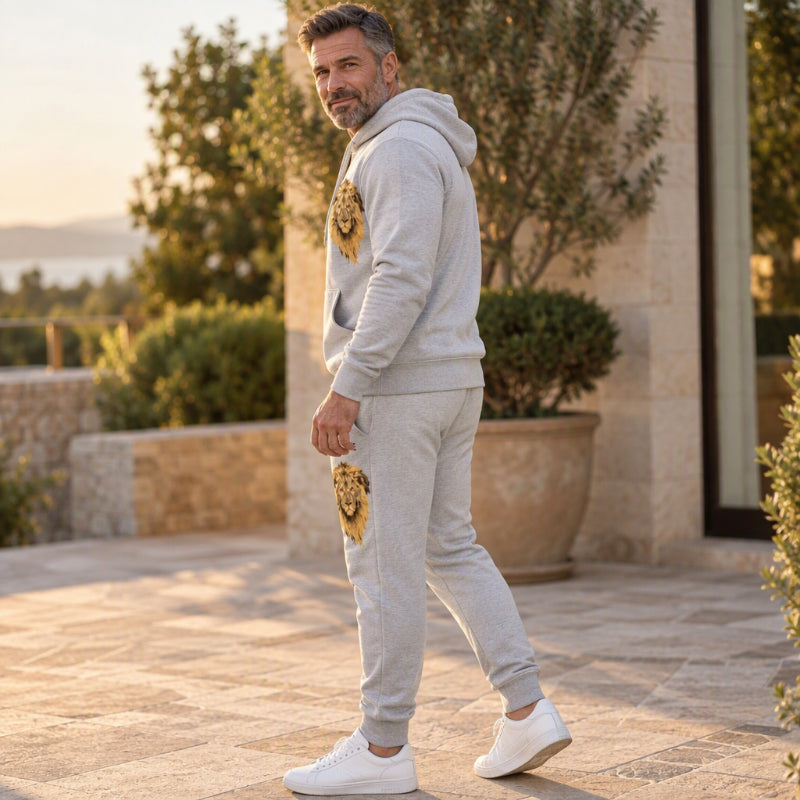 Set med hoodie och joggingbyxor för män med lejonmotiv