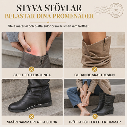 Våra kvinnor stövlån till knät i western-stil är designade med en vintagestil, en tjock klack, en slouchig form samt en dragkedja på sidan och en spänne, med en rund tå.