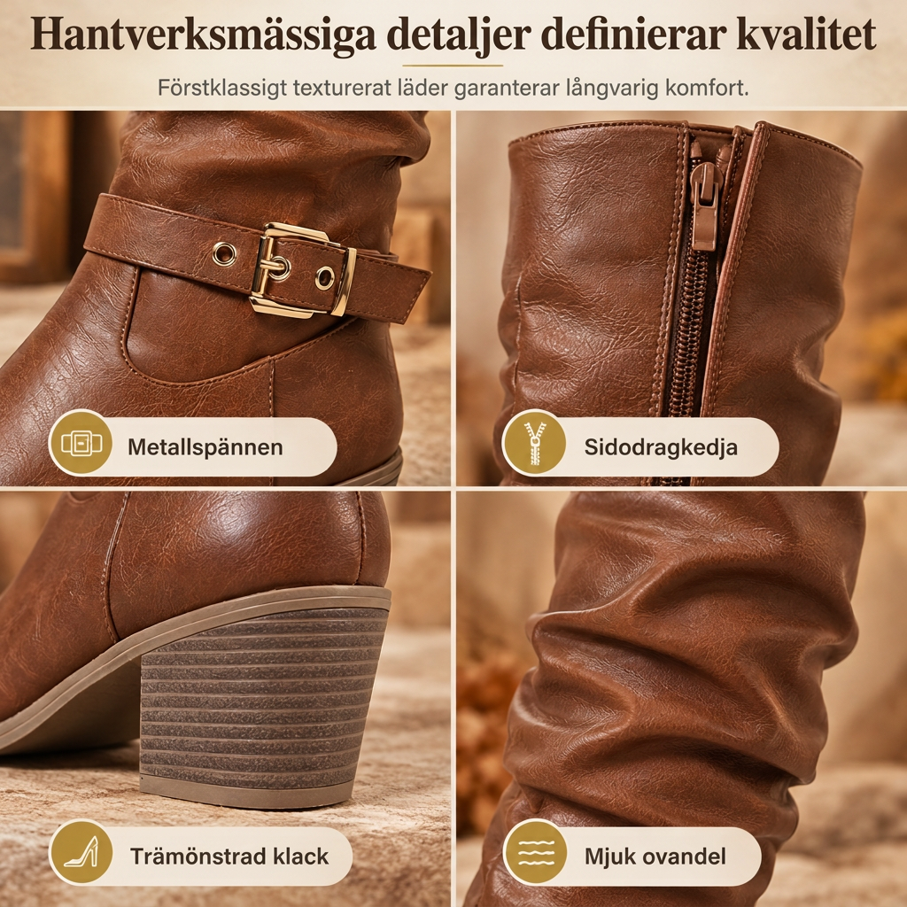 Våra kvinnor stövlån till knät i western-stil är designade med en vintagestil, en tjock klack, en slouchig form samt en dragkedja på sidan och en spänne, med en rund tå.