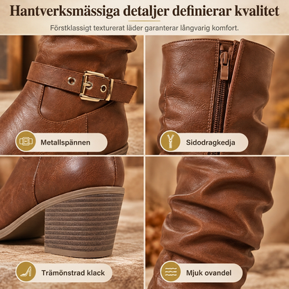 Våra kvinnor stövlån till knät i western-stil är designade med en vintagestil, en tjock klack, en slouchig form samt en dragkedja på sidan och en spänne, med en rund tå.