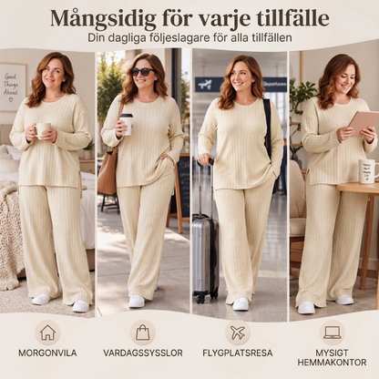 🎉Lägsta pris men bästa kvalitet!🔥Set med ribbad stickad topp och byxor med slitsar på sidan för damer